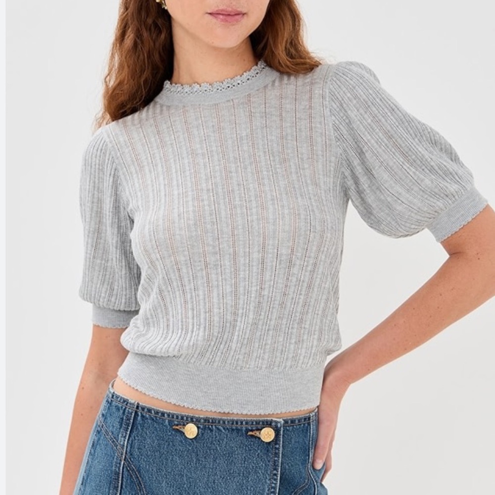Ulla Johnson Large Gemma Puff Short Sleeve Knit Top Light Grey Pointelle‎